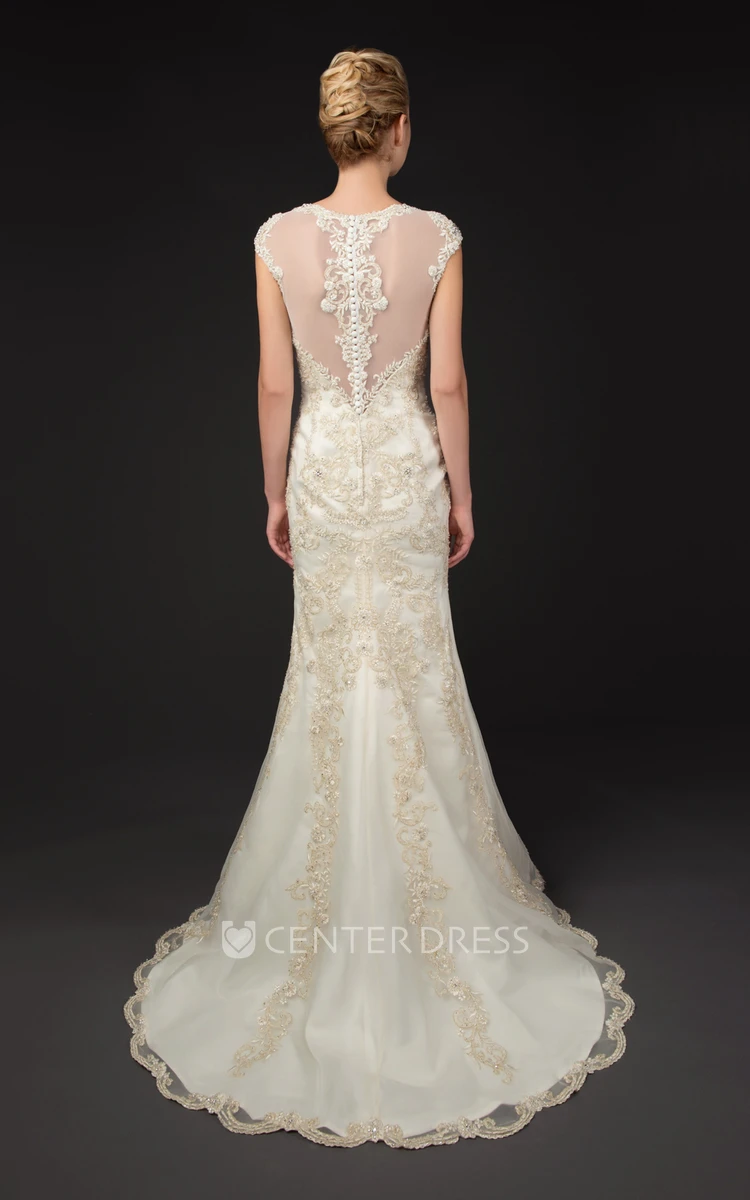 Square Neck Cap Sleeve Appliqued Tulle Wedding Dress With Brush Train