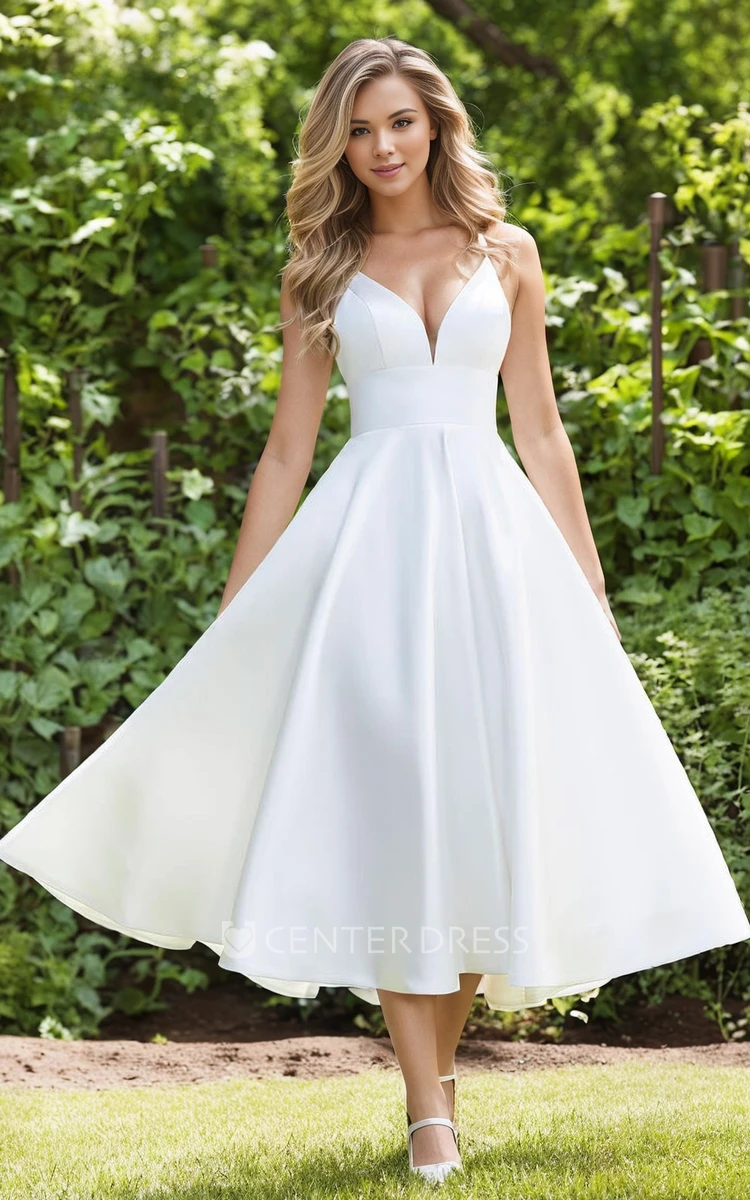 Summer Simple Short A-Line Tea Length V-Neck Cross Back Sleeveless Satin Wedding Dress with Ruffles