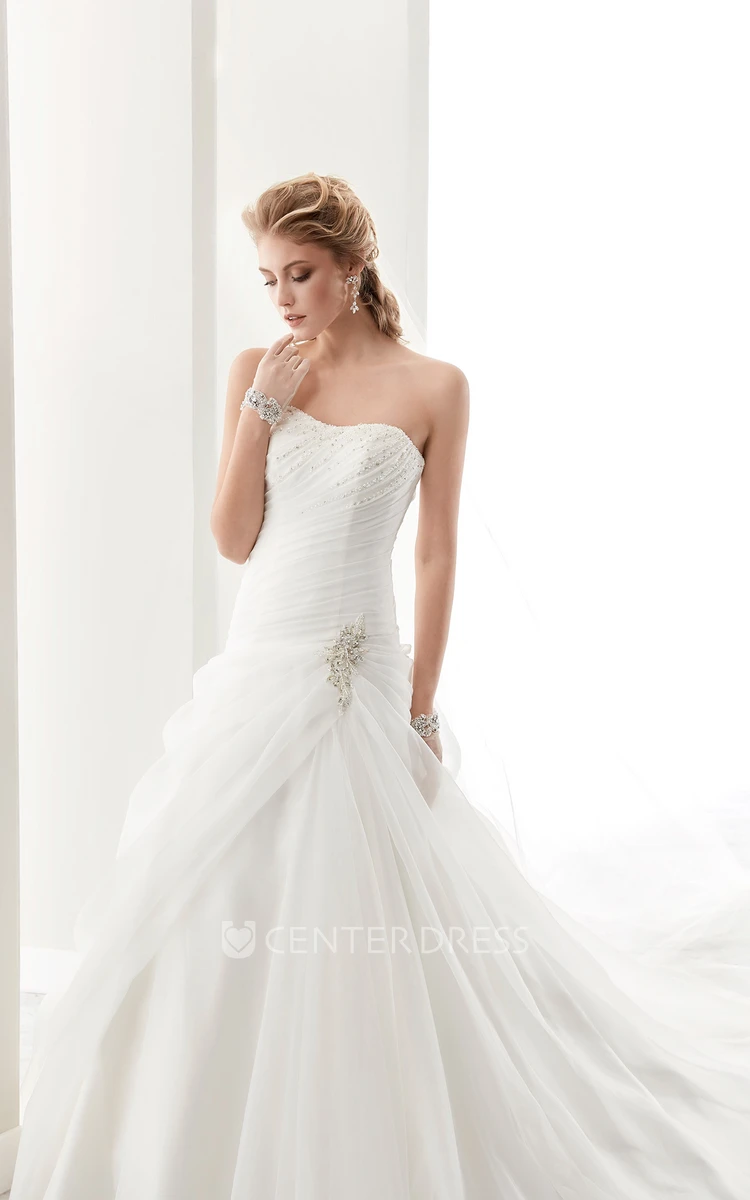 Strapless Pleated Wedding Dress with Side Ruffles and Brush Train 