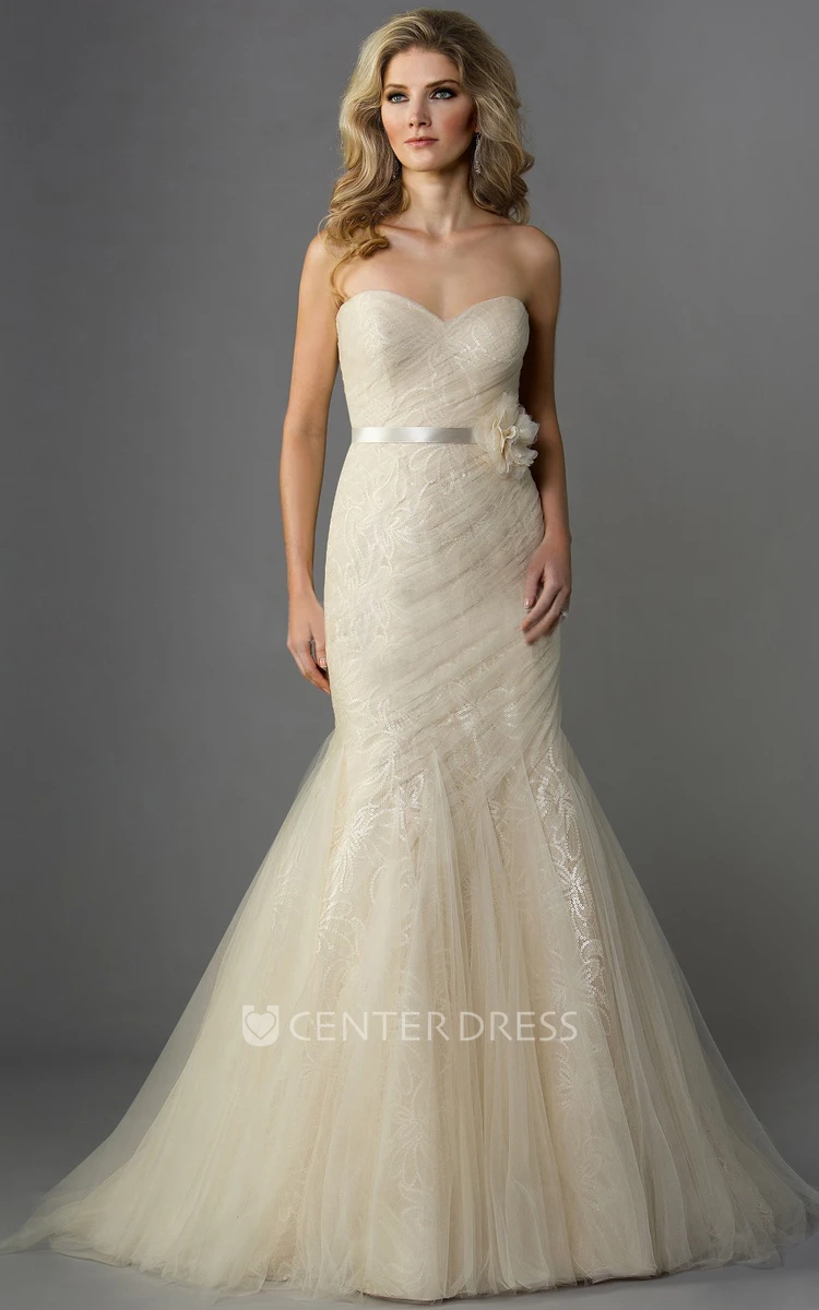 Sweetheart Mermaid Tulle Gown With Floral Waist And Bow Sash