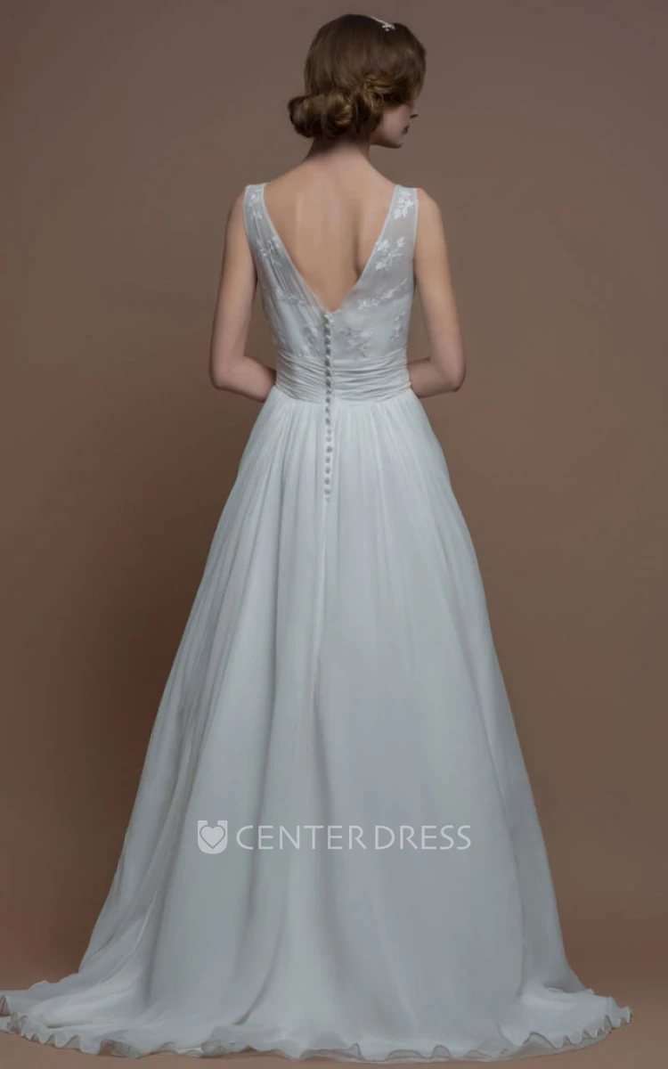 A-Line Maxi Appliqued Bateau Sleeveless Wedding Dress With Sweep Train And Low-V Back