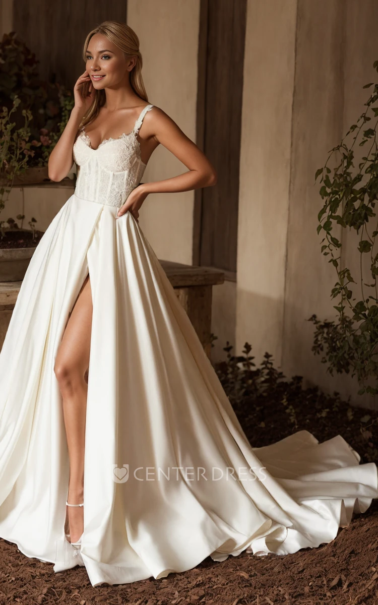 Sexy Bohemian A-Line Lace Spaghetti Straps Wedding Dress Romantic Solid Split Front Sleeveless Bridal Gown