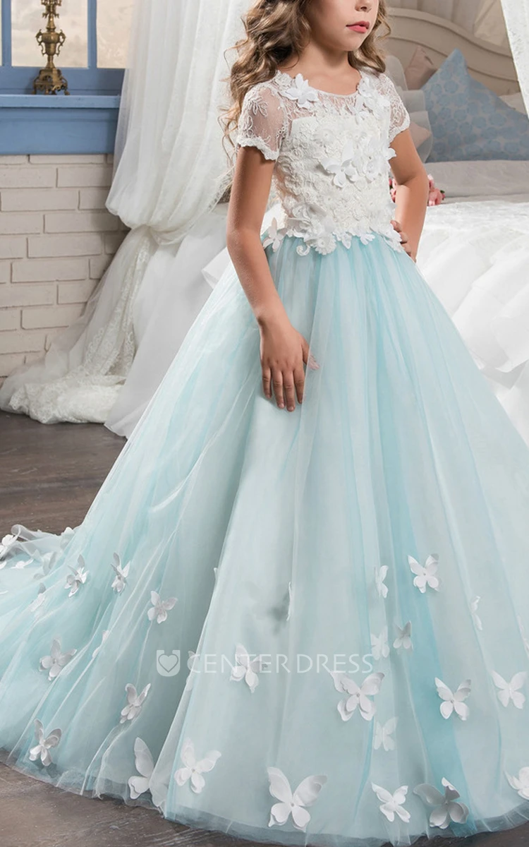 Appliqued Tulle and Lace Scoop Short-Sleeve Ball Gown Flower Girl Dress