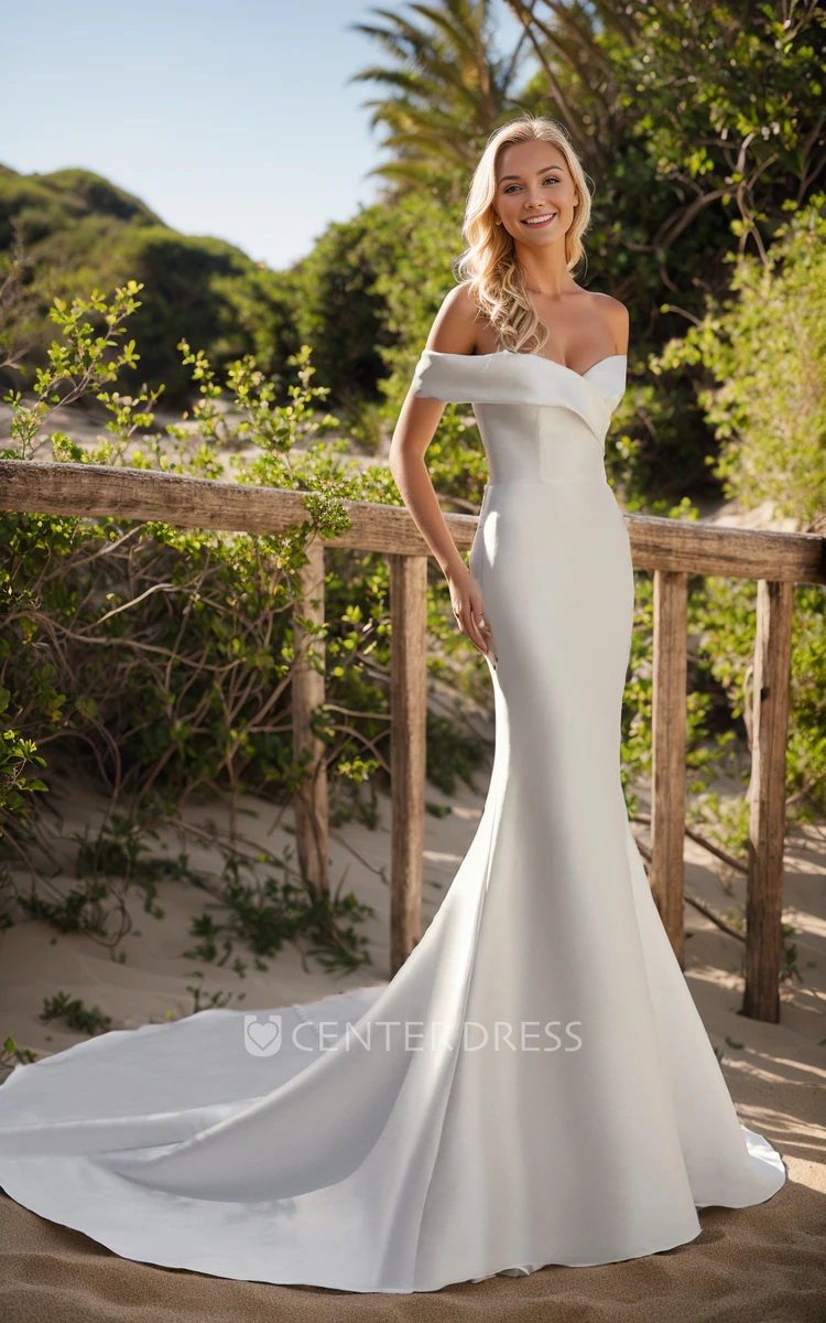 Simple Elegant Mermaid Off the Shoulder Wedding Dress Elopement Modern Wrap-Around Neckline Strapless Sleeveless Trumpet Bridal Gown