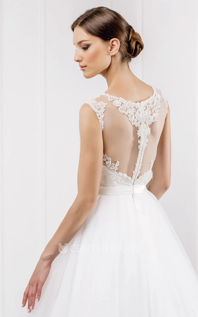 Scoop Long Appliqued Tulle Wedding Dress With Illusion