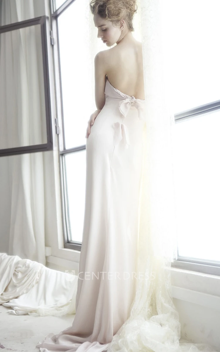 Sheath Strapless Sleeveless Bowed Floor-Length Wedding Dress With Backless Style And Brush Train