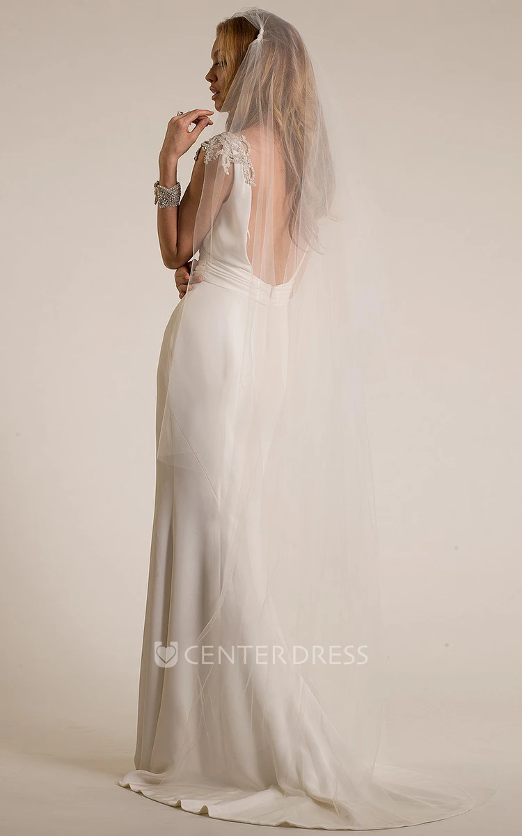 Sheath Cap-Sleeve V-Neck Floor-Length Epaulet Wedding Dress