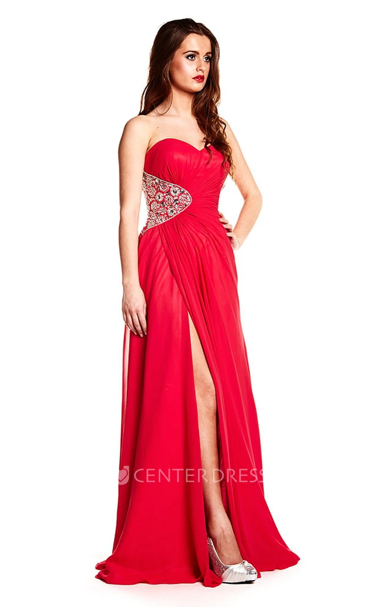 A-Line Sleeveless Long Sweetheart Split-Front Chiffon Prom Dress With Backless Style And Beading