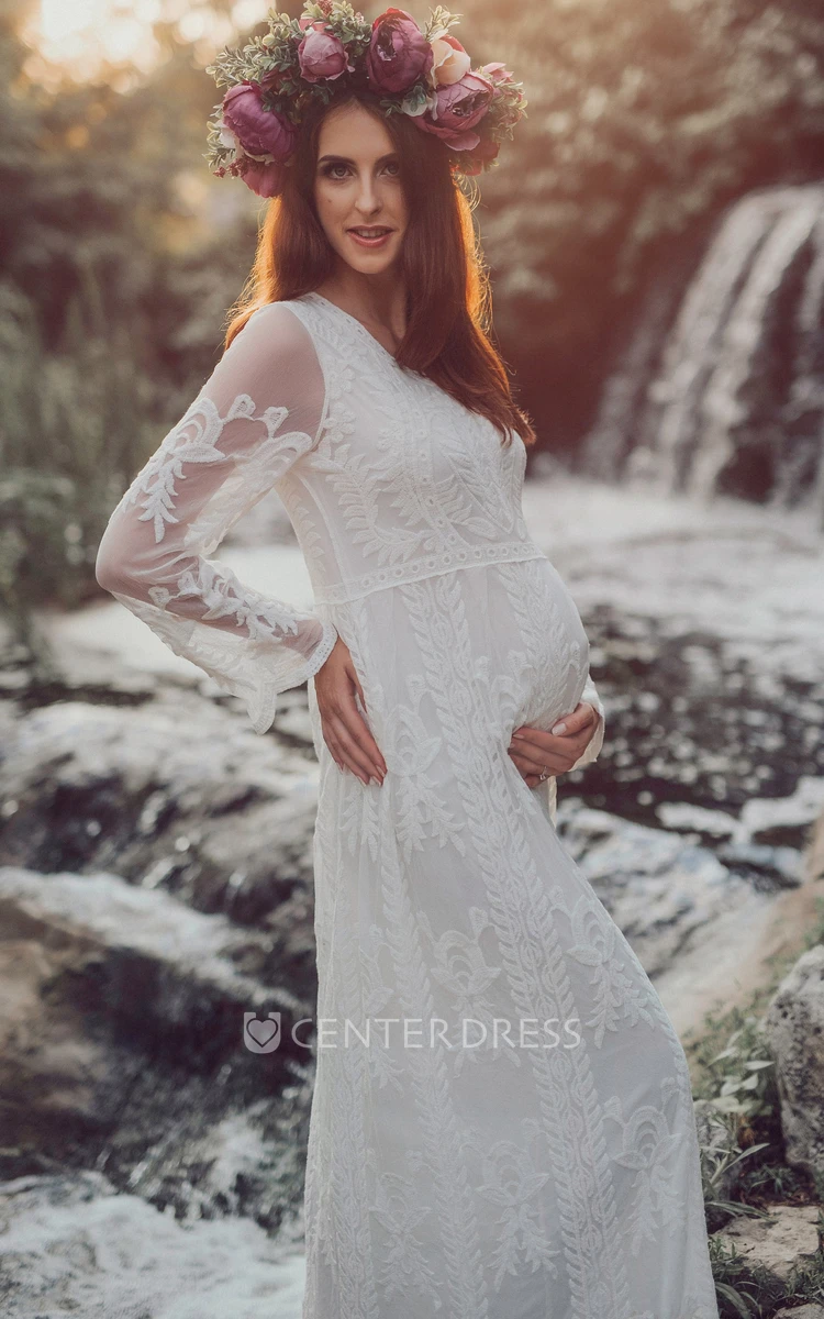 Sheath Floor-length Long Sleeve Empire Maternity Wedding Dress