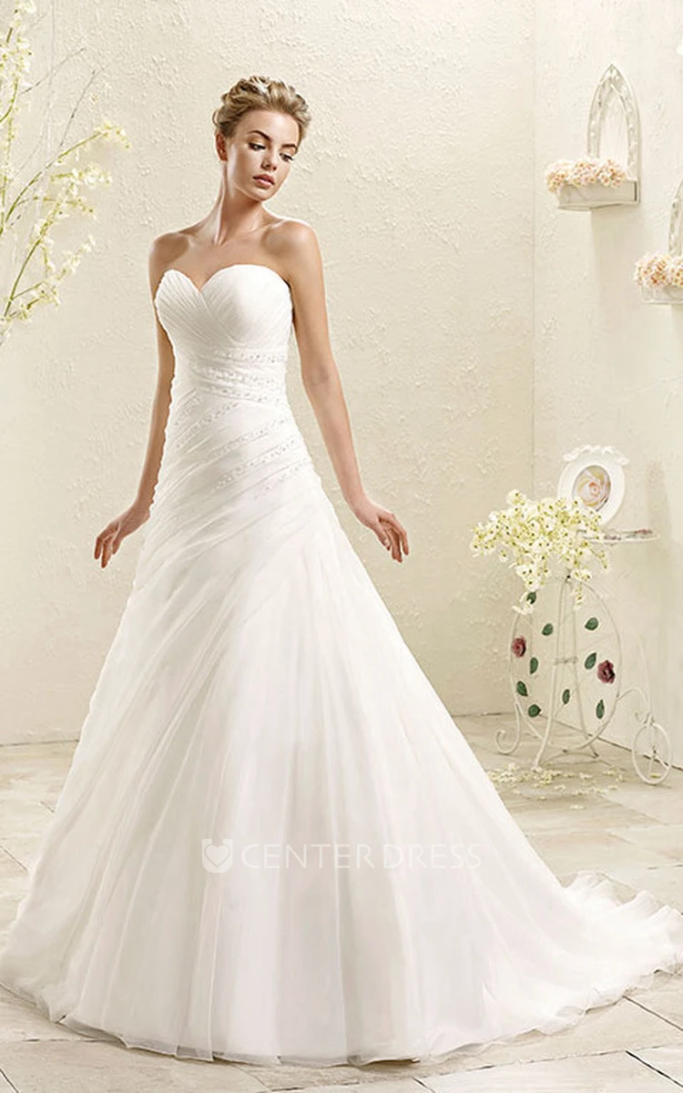 A-Line Sweetheart Long Beaded Tulle Wedding Dress With Criss Cross