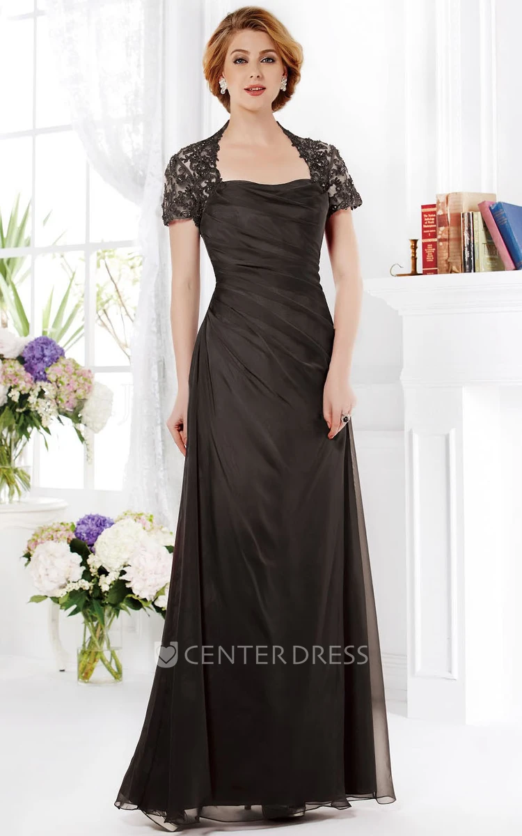 Short-Sleeved A-Line Mother Of The Bride Dress With Ruches And Square Neck