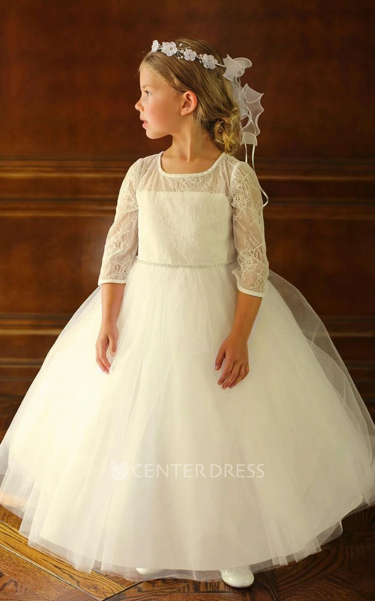 Ankle-Length Beaded Tiered Tulle&Lace Flower Girl Dress