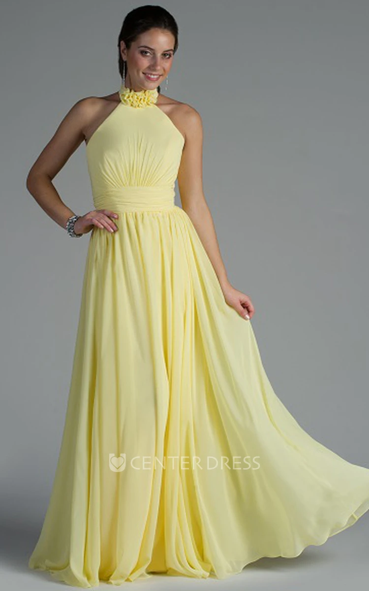 Floral High Neck A-Line Chiffon Long Bridesmaid Dress With Pleats And Bandage