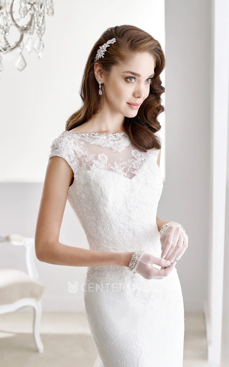 Cap sleeve Brush-train Pleated Lace Wedding Gown with Low-V Back and Jewel Neck