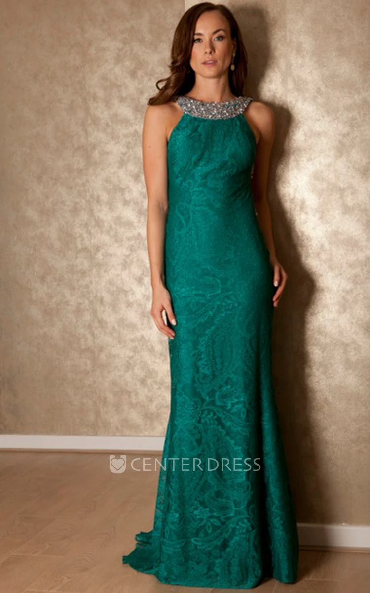 Beaded High Neck Sleeveless Lace Prom Dress With Brush Train