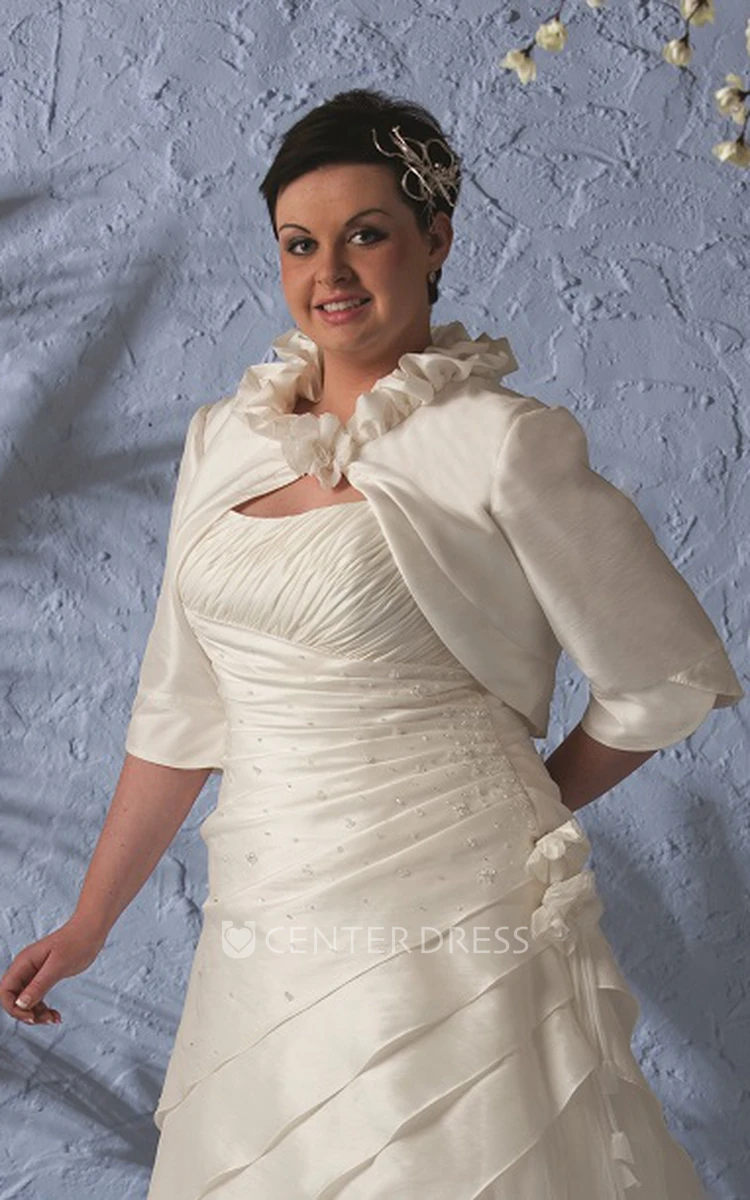 Strapless Lace-Up Layered Taffeta Wrapped Bridal Gown With Removable Jacket