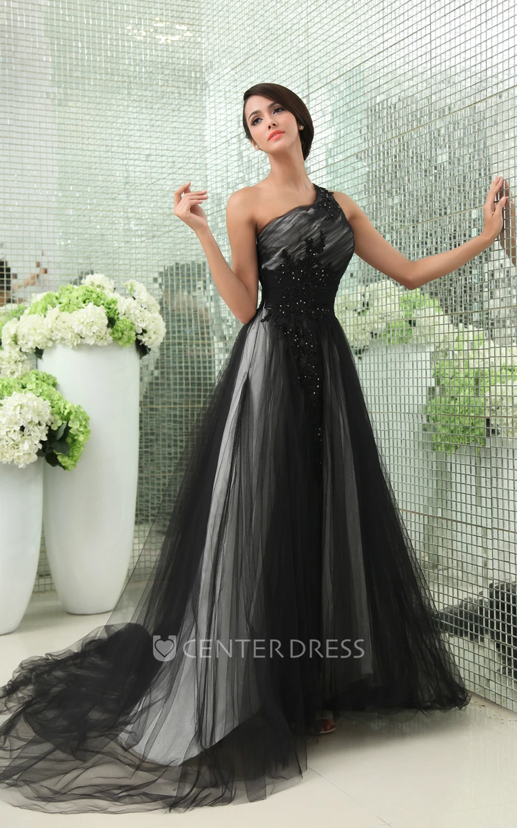 Chic A-line One Shoulder Long Prom Dress Graceful Lace Floor-Length Tulle Evening Gown With Sequins