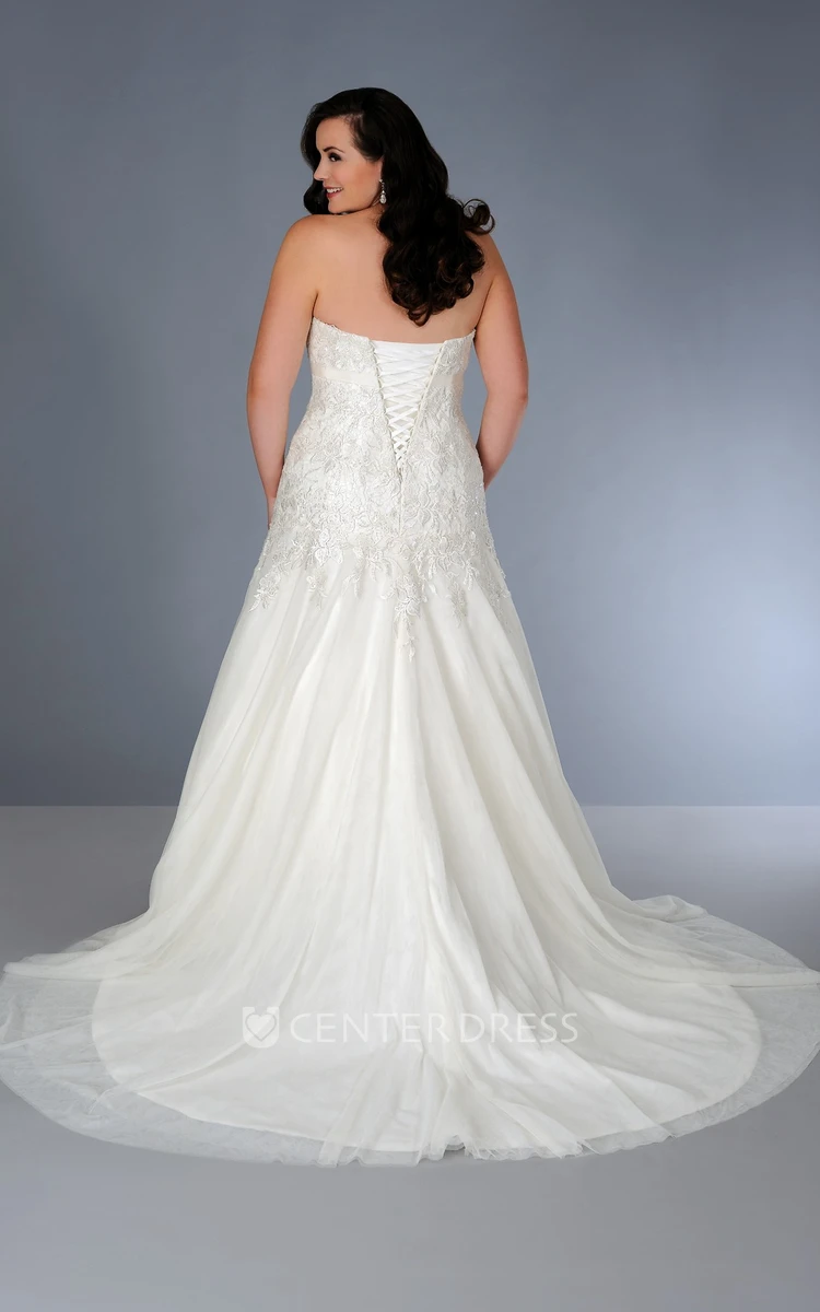 Strapless Appliqued Dress With Jeweled Waist And Corset Back
