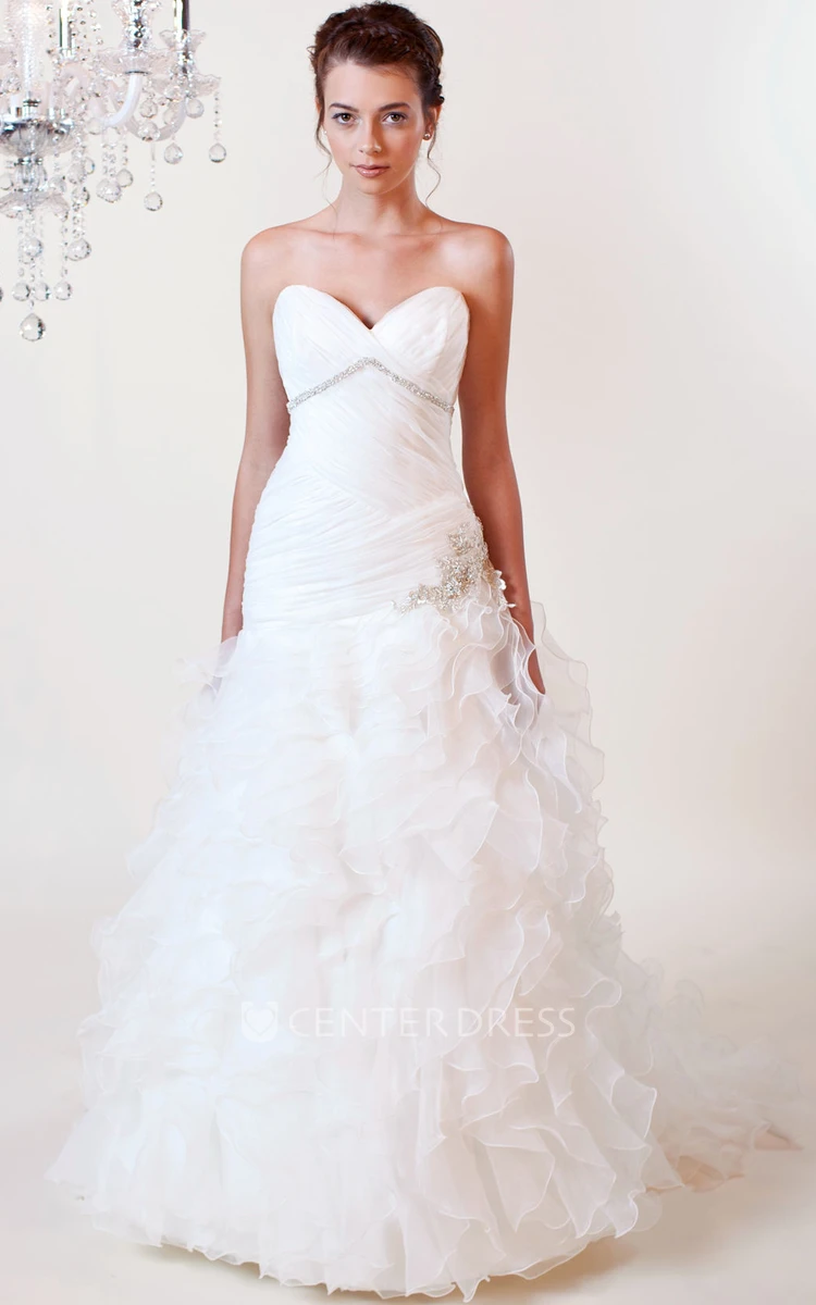 A-Line Ruffled Sweetheart Organza Wedding Dress With Criss Cross And Broach