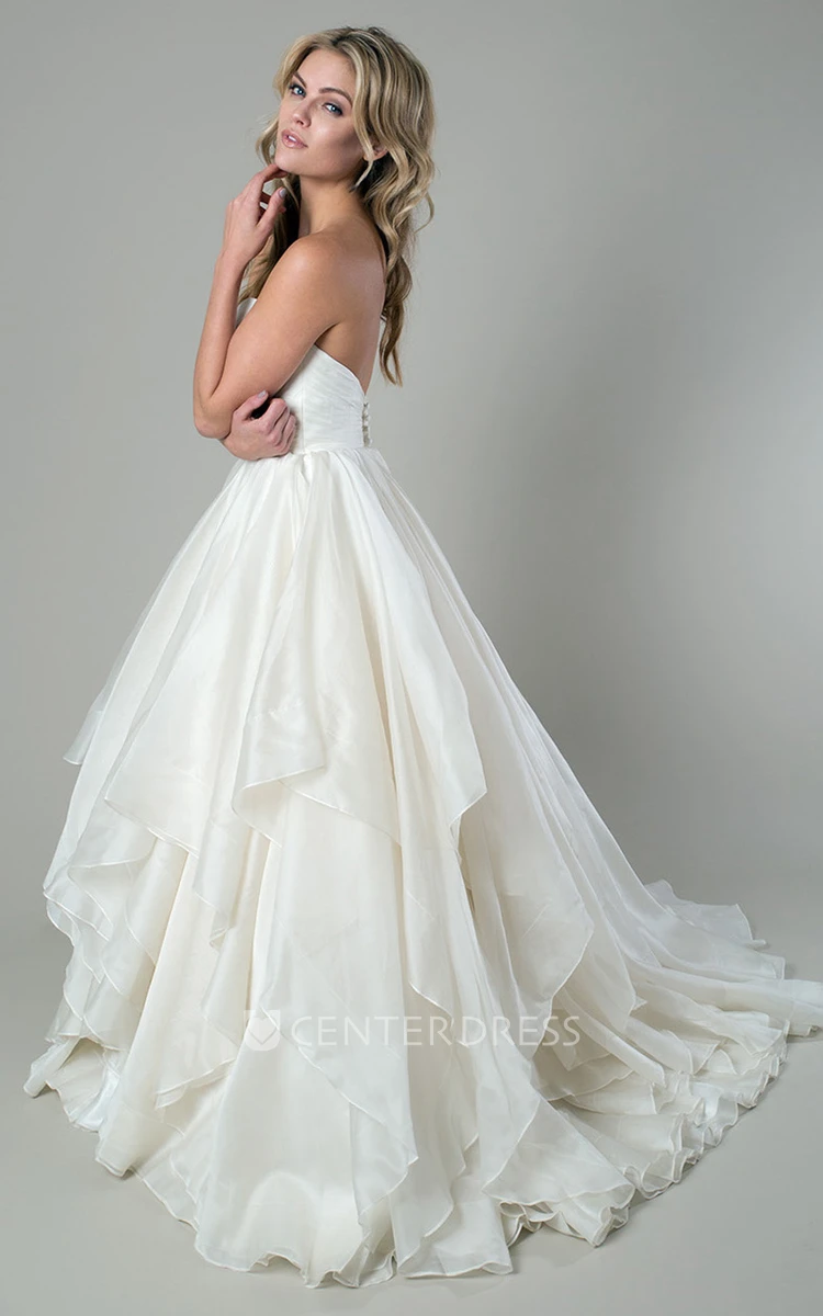 A-Line Draped Floor-Length Sweetheart Organza Wedding Dress With Criss Cross And V Back