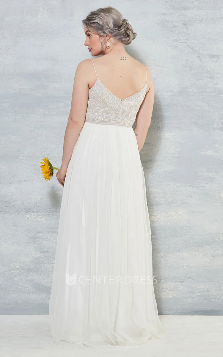 Spaghetti Pleated Tulle Wedding Dress With Sequins