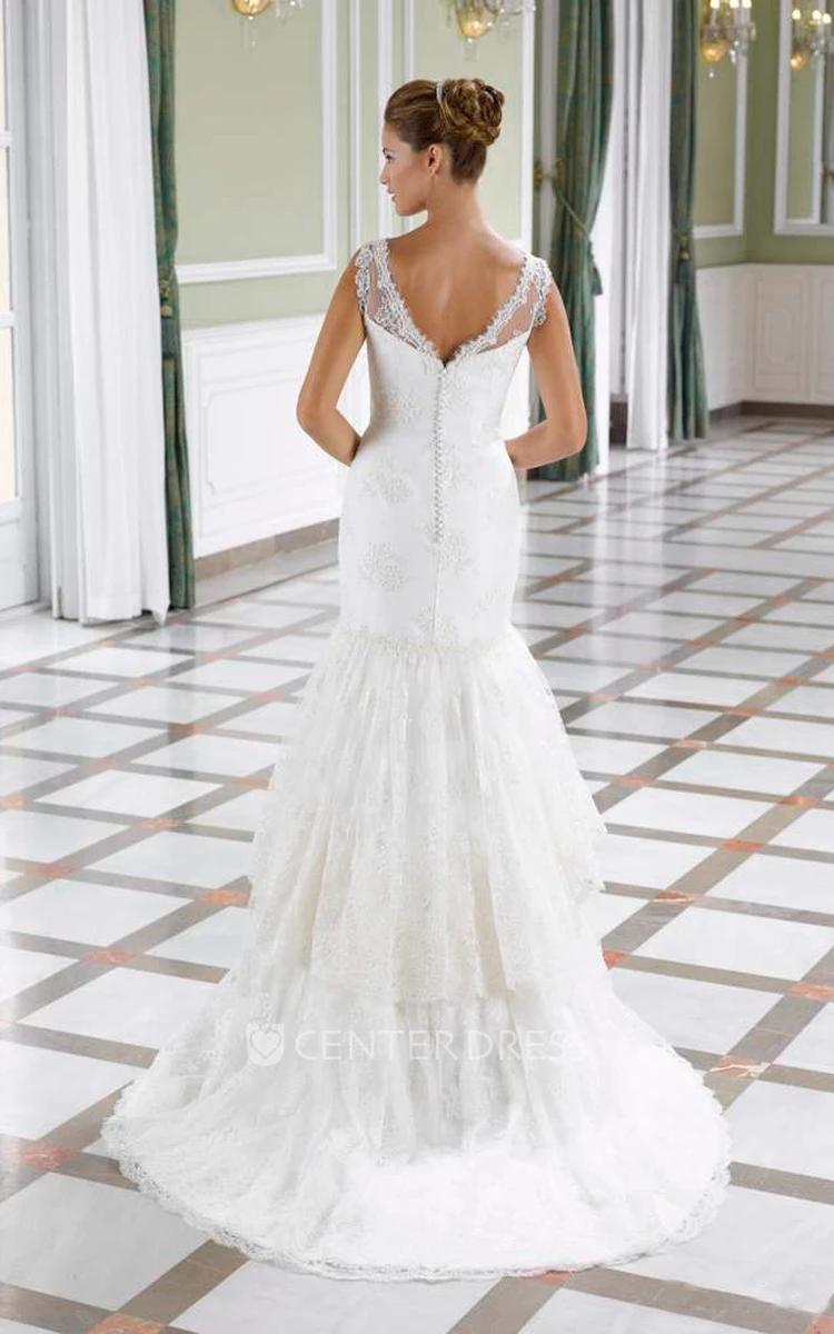 A-Line V-Neck Sleeveless Long Tiered Lace Wedding Dress With Appliques And Low-V Back