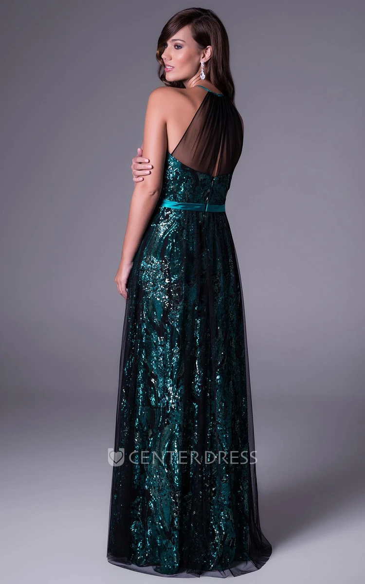 A-Line Sleeveless Floor-Length Scoop-Neck Sequins Prom Dress