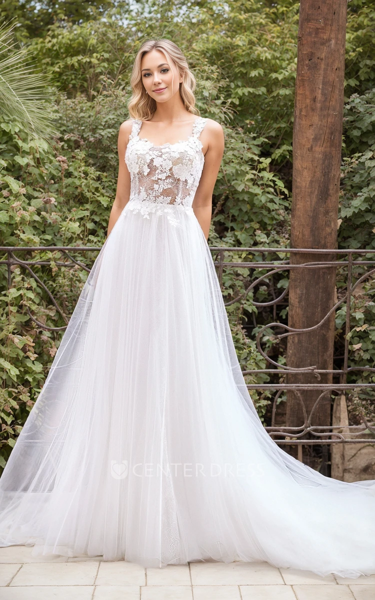 Modern Fairy A-Line Boho Lace Square Neck Appliques Wedding Dress Ethereal Illusion Spaghetti Strap Sheer Bodice Tulle Bridal Gown