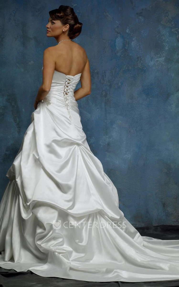 A-Line Pick-Up Sweetheart Maxi Sleeveless Satin Wedding Dress With Appliques And Cascading Ruffles