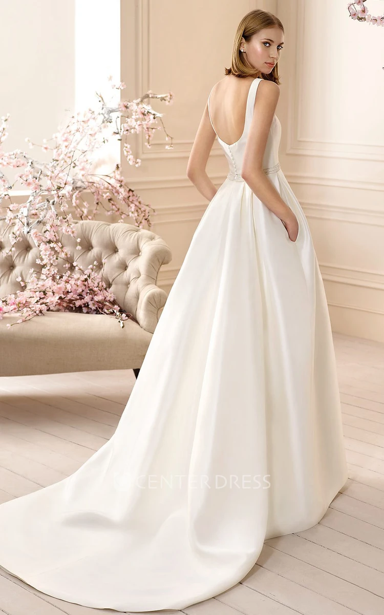 A-Line Sleeveless Square-Neck Jeweled Long Satin Wedding Dress
