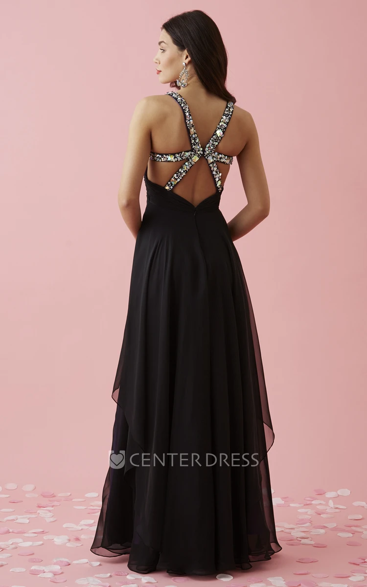 A-Line V-Neck Sleeveless Chiffon Straps Dress With Beading And Draping