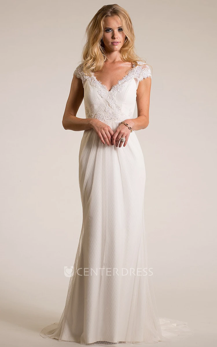 V-Neck Floor-Length Cap-Sleeve Appliqued Chiffon Wedding Dress