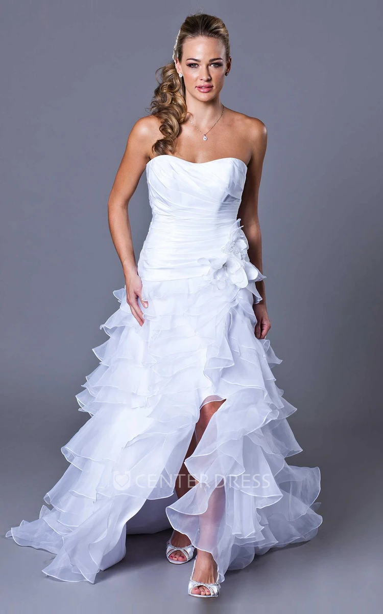 High-Low Strapless Split-Front Ruffled Organza Wedding Dress With Tiers