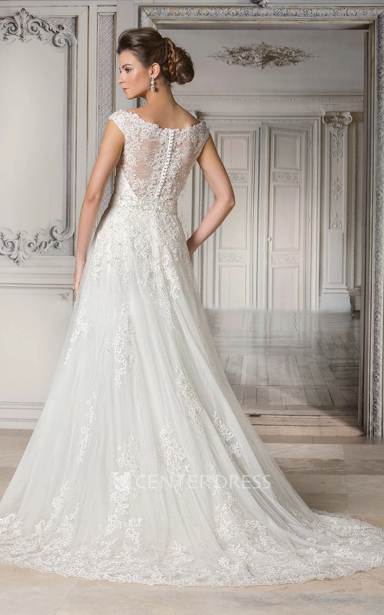 V-Neck Cap-Sleeved A-Line Gown With Appliques And Illusion Back
