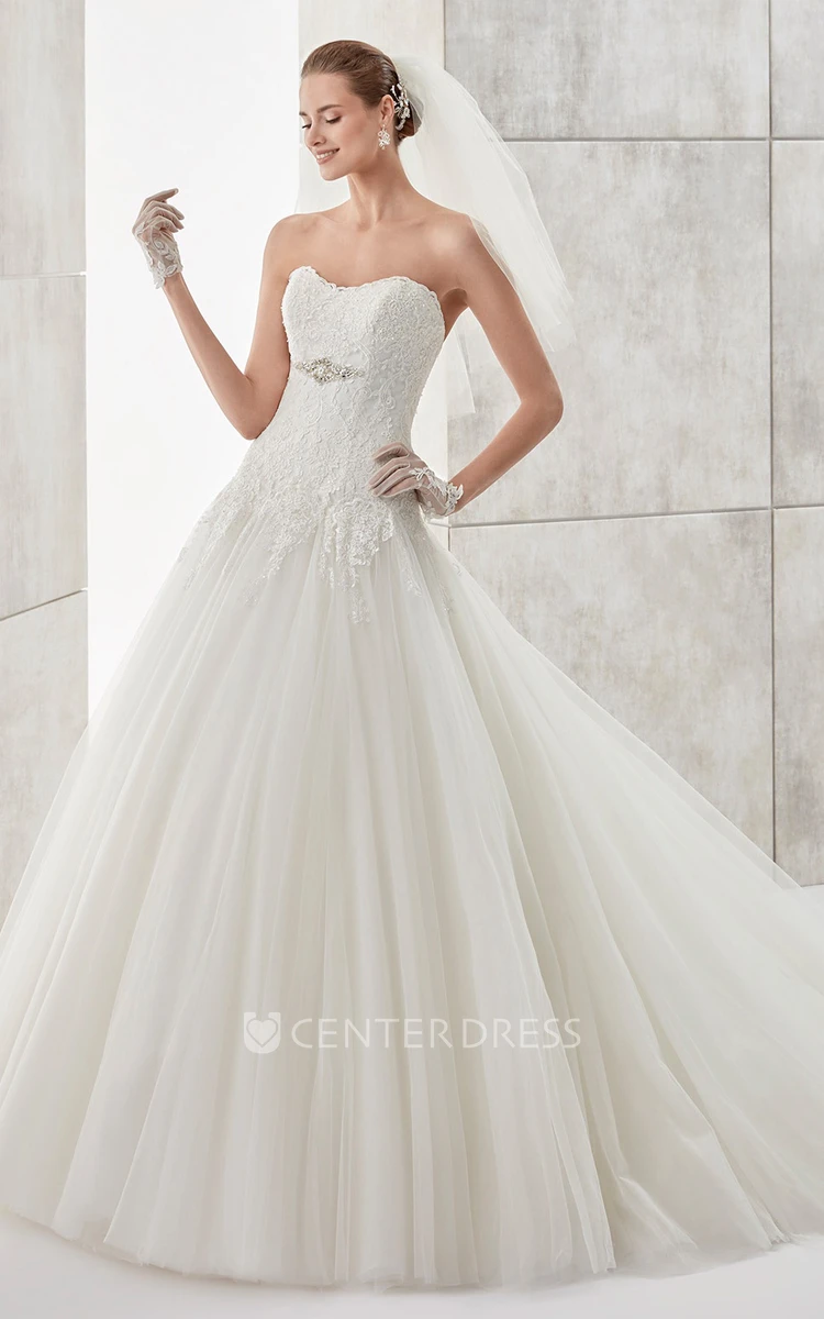 Strapless A-line Wedding Dress with Lace Bodice and Tulle Skirt 