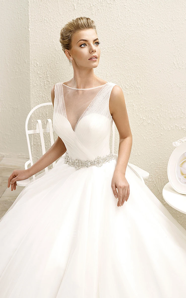 Ball Gown Floor-Length Ruched Bateau-Neck Sleeveless Tulle Wedding Dress With Waist Jewellery