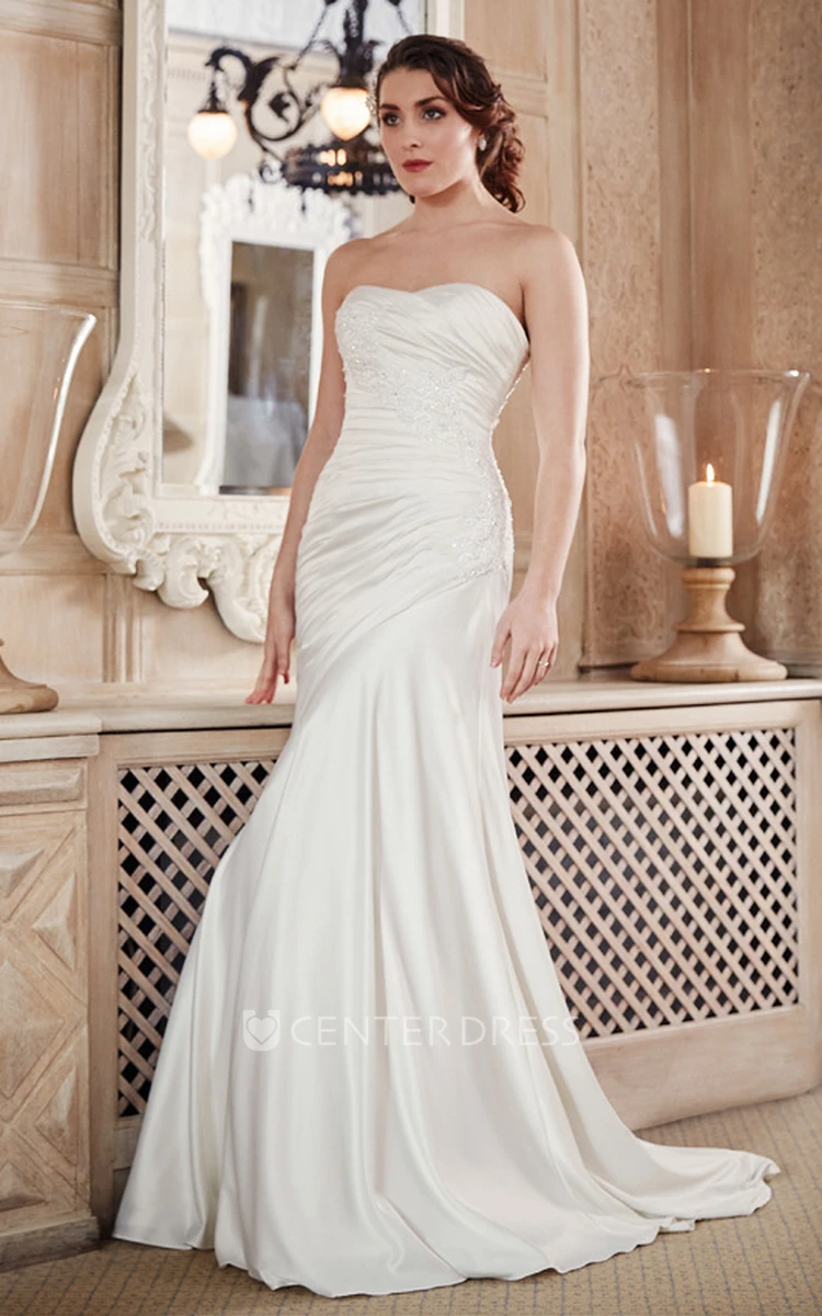 Floor-Length Strapless Ruched Jersey Wedding Dress With Brush Train