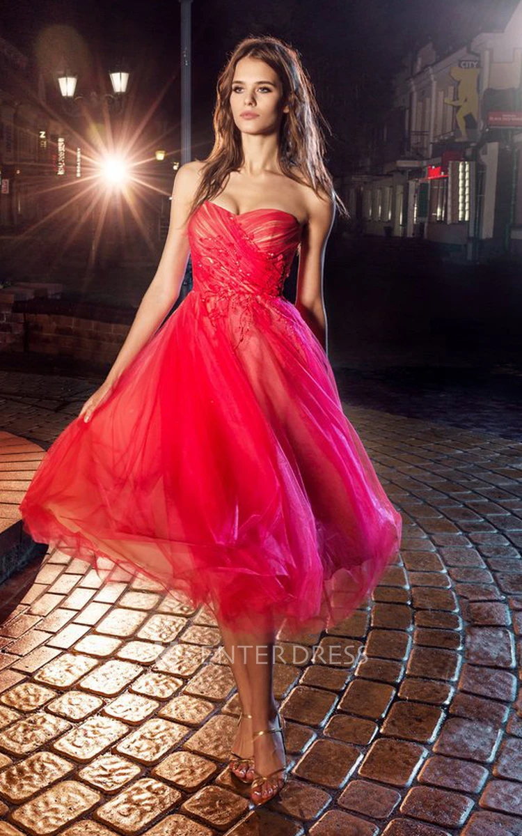A-Line Knee-Length Strapless Tulle Backless Dress With Criss Cross