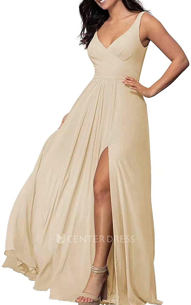 Chiffon Floor-length V-neck A Line Sleeveless Bridesmaid Dress With Criss Split Front