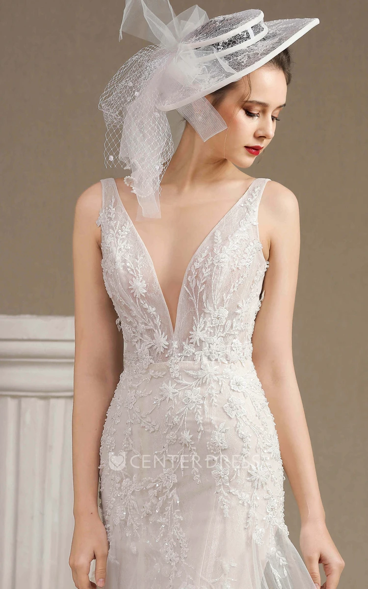 Lace Open Back Illusion Sleeveless Plunging Mermaid Appliqued Wedding Dress With Chapel Train