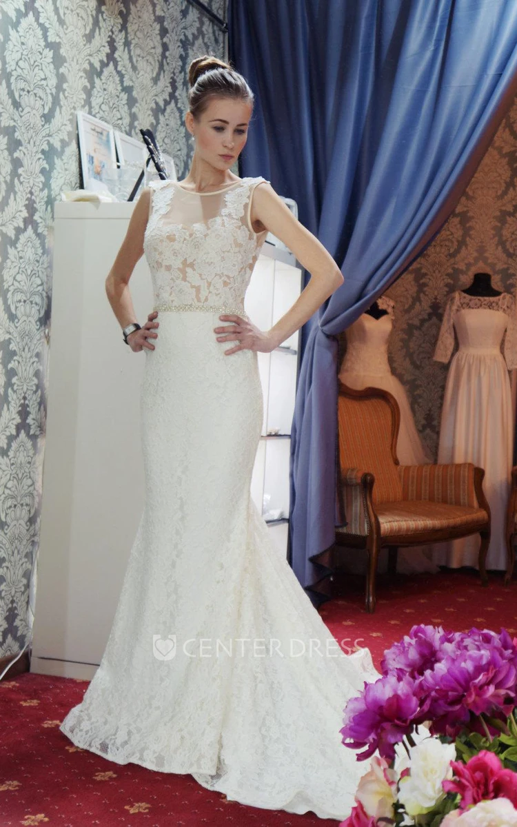 Jewel Neck Mermaid Lace Wedding Dress With Beading and Long Tail
