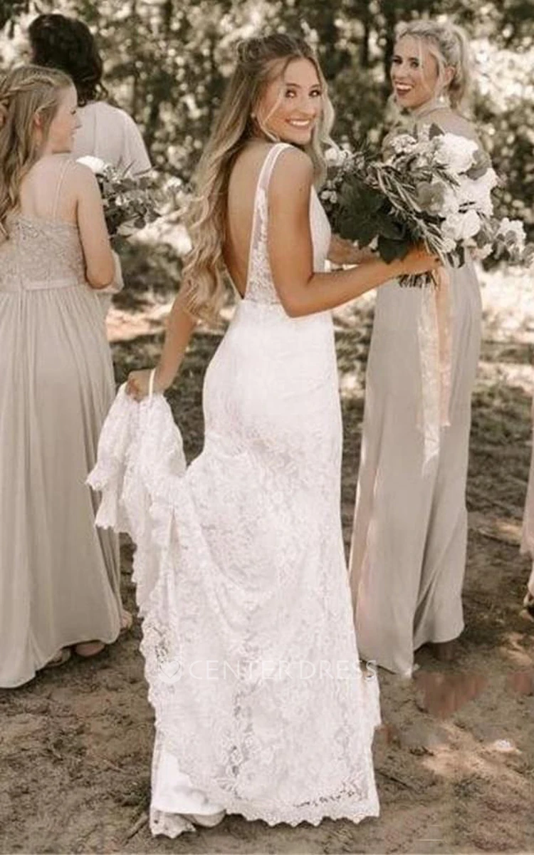 Ethereal Lace V-Neck Deep-V Back Bridal Gown with Court Train