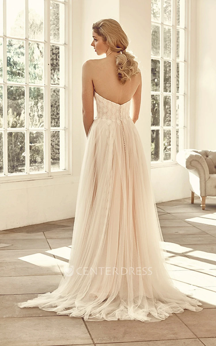 Sweetheart Long Beaded Tulle Wedding Dress With Sweep Train And V Back