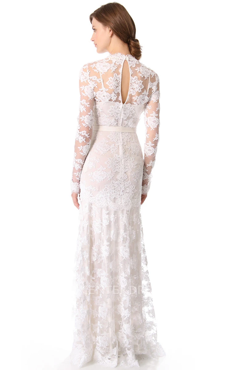 1920's Vintage Inspired Illusion Long Sleeve Lace Column Wedding Dress