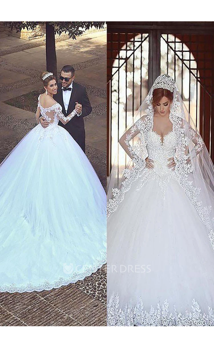 Ball Gown Off-the-shoulder Lace Tulle Zipper Illusion Wedding Gown