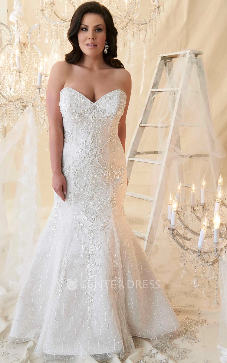 Sheath Beaded Long Sleeveless Sweetheart Tulle Plus Size Wedding Dress With Embroidery