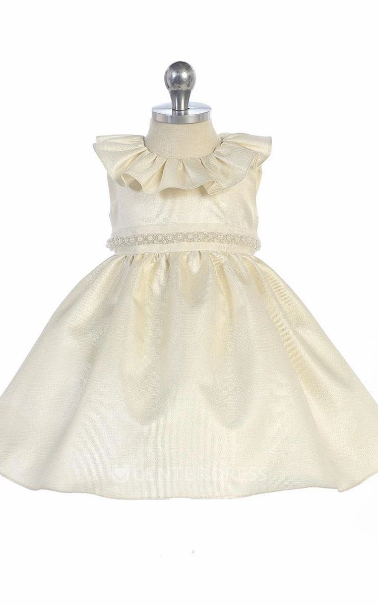 Tea-Length Ruffled Beaded Organza Flower Girl Dress