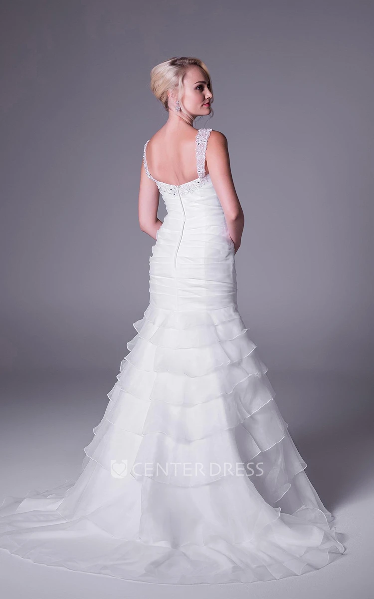 A-Line Floor-Length Tiered Sleeveless Strapped Organza Wedding Dress With Beading