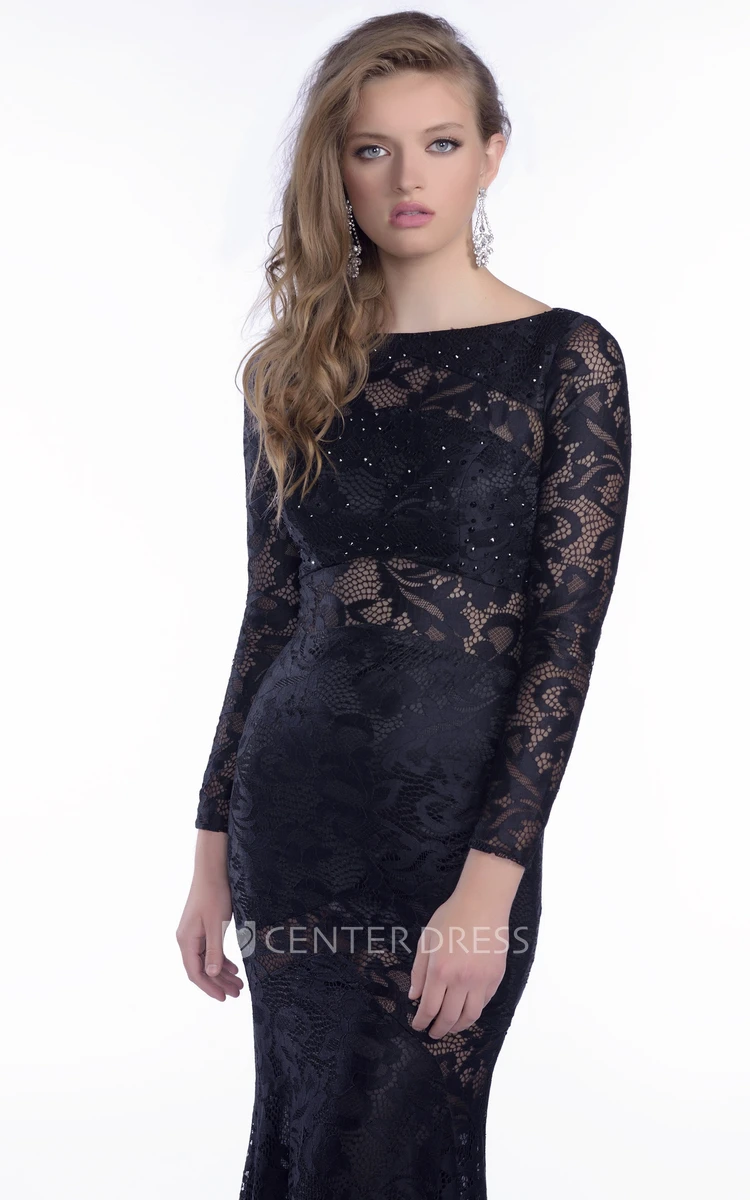 Long Sleeve Trumpet Lace Prom Dress With Rhinestones