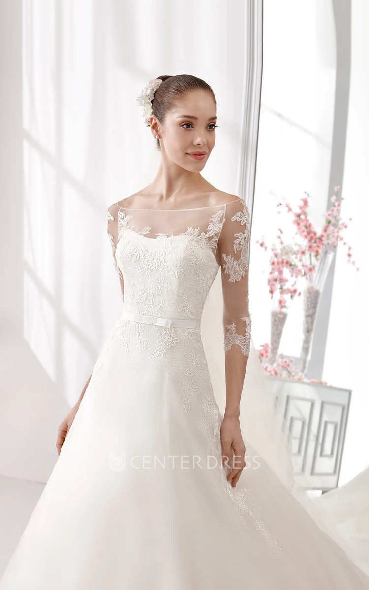 3-4-Sleeve A-Line Wedding Gown With Lace Bodice And Satin Sash